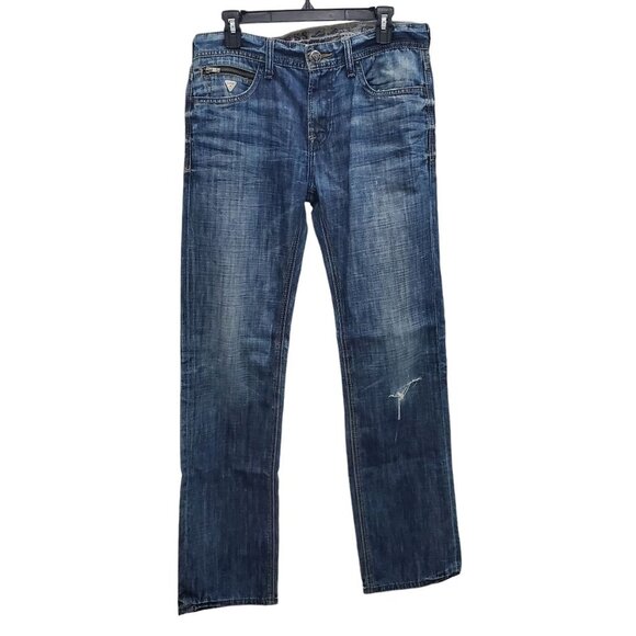 Guess Men's‎ Lincoln Slim Straight Dark Wash Distressed Denim Jeans Size 32 - Picture 1 of 8